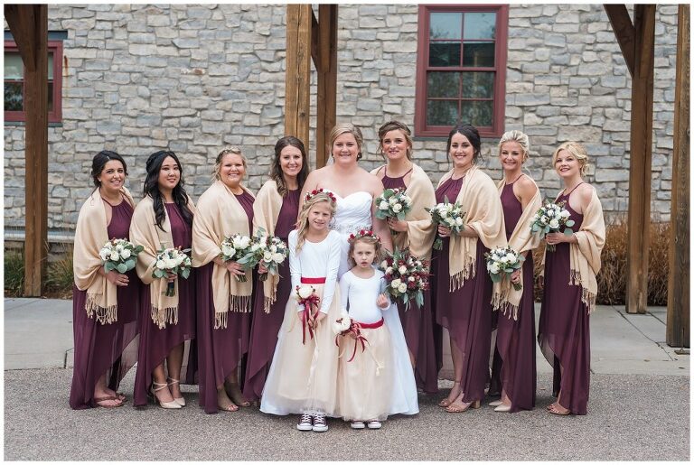 burgundy bridesmaid dress with shawl